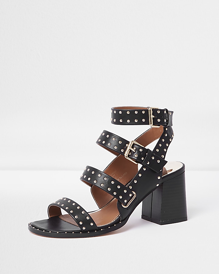Black studded strappy block heel sandals