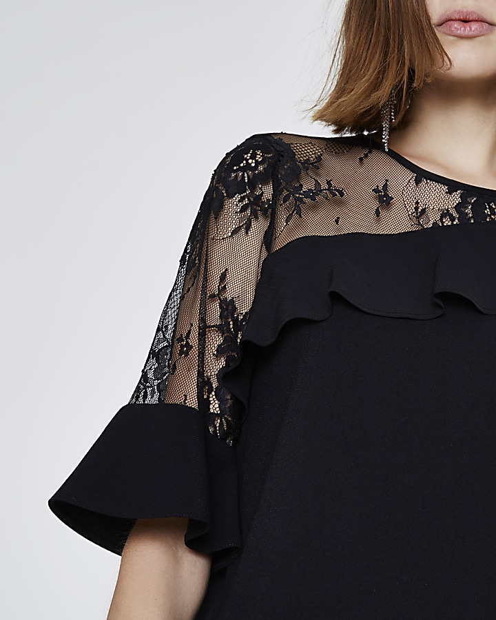 Black lace asymmetric frill swing dress