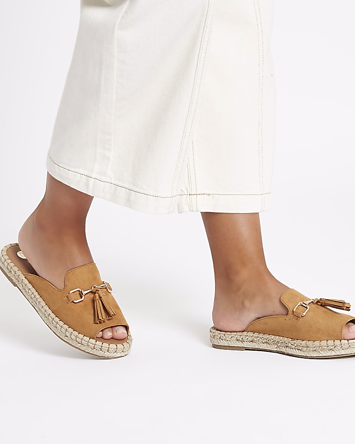 Light brown backless espadrille loafers