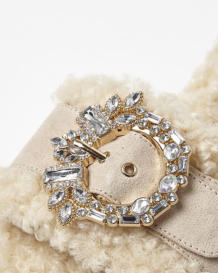 Cream faux shearling diamante brooch sliders