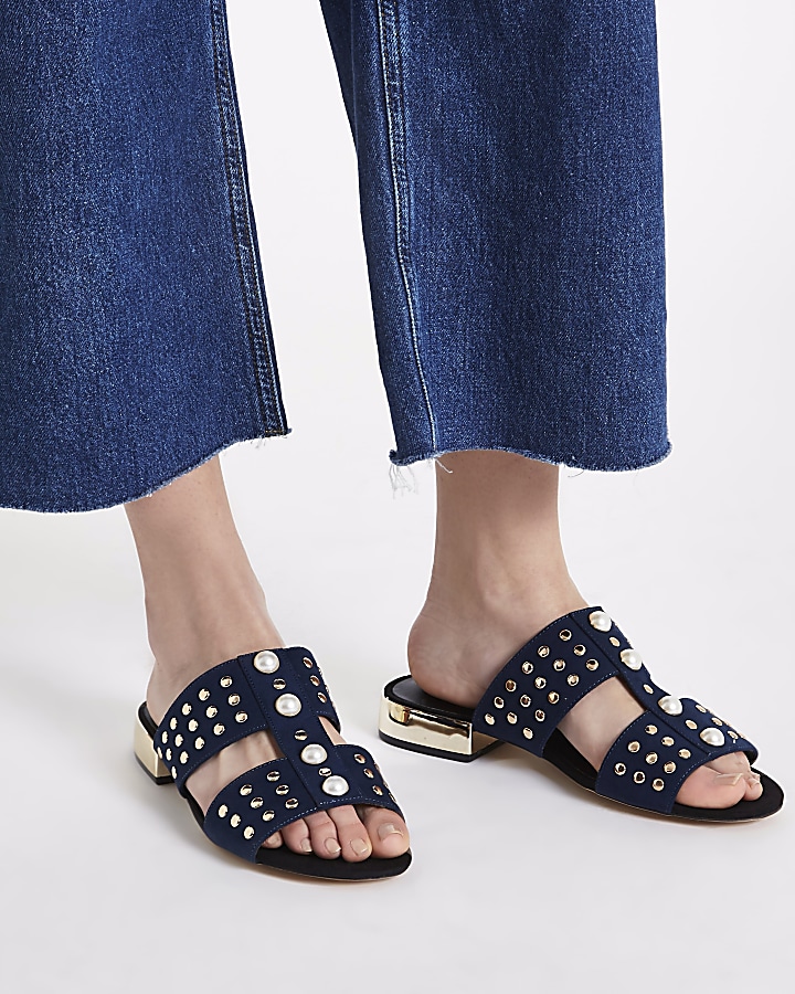 Navy faux pearl studded mules