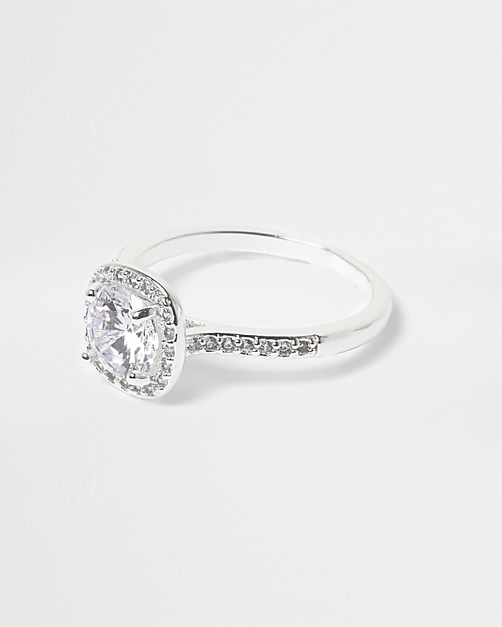 Silver tone diamante square ring