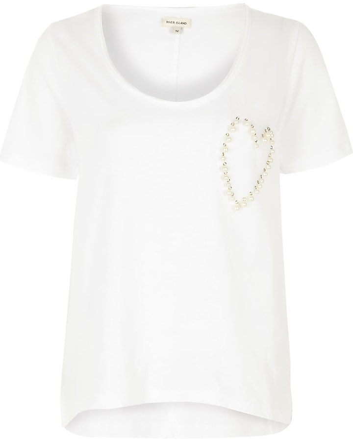 White scoop neck faux pearl heart T-shirt