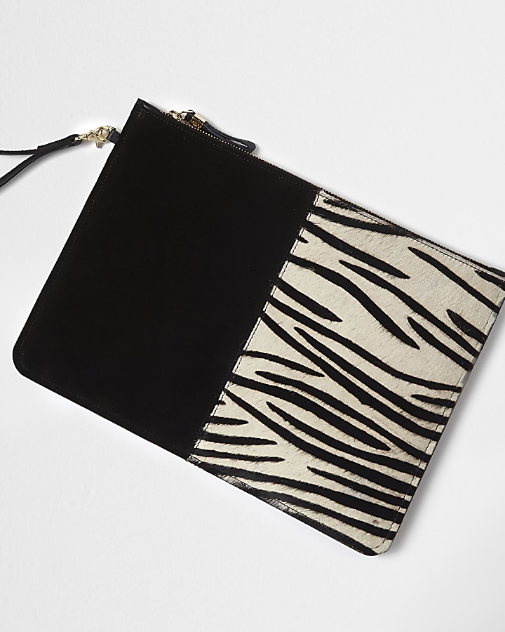 Black zebra panel suede pouch clutch bag