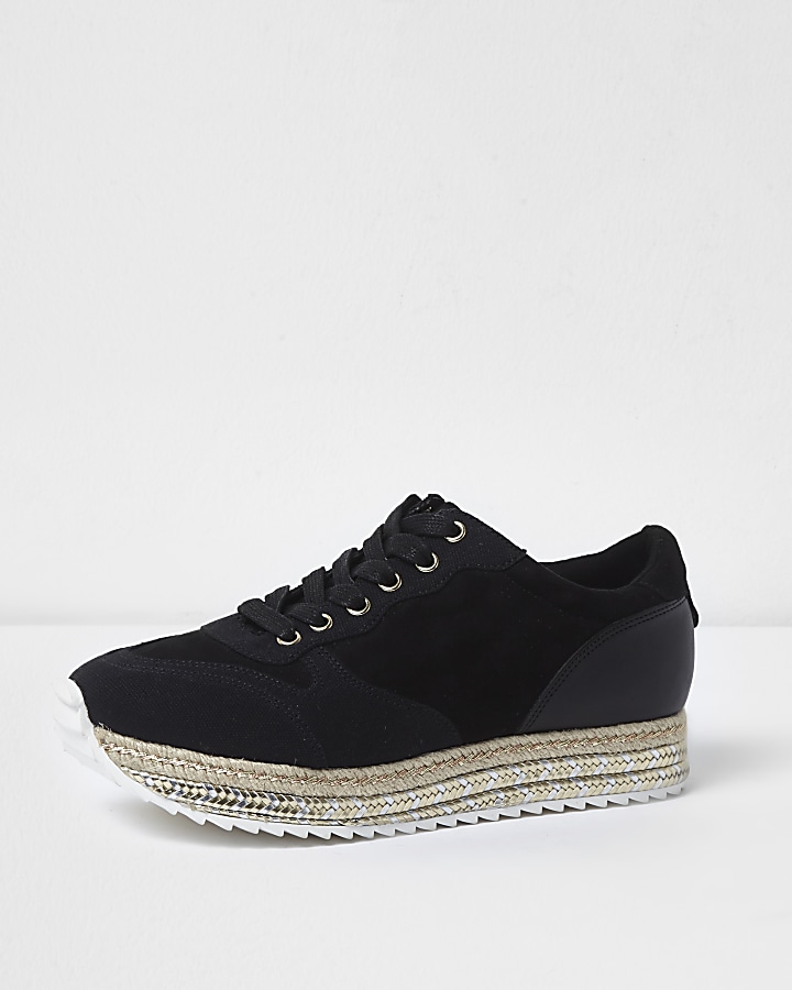Black stacked espadrille sole runner trainers