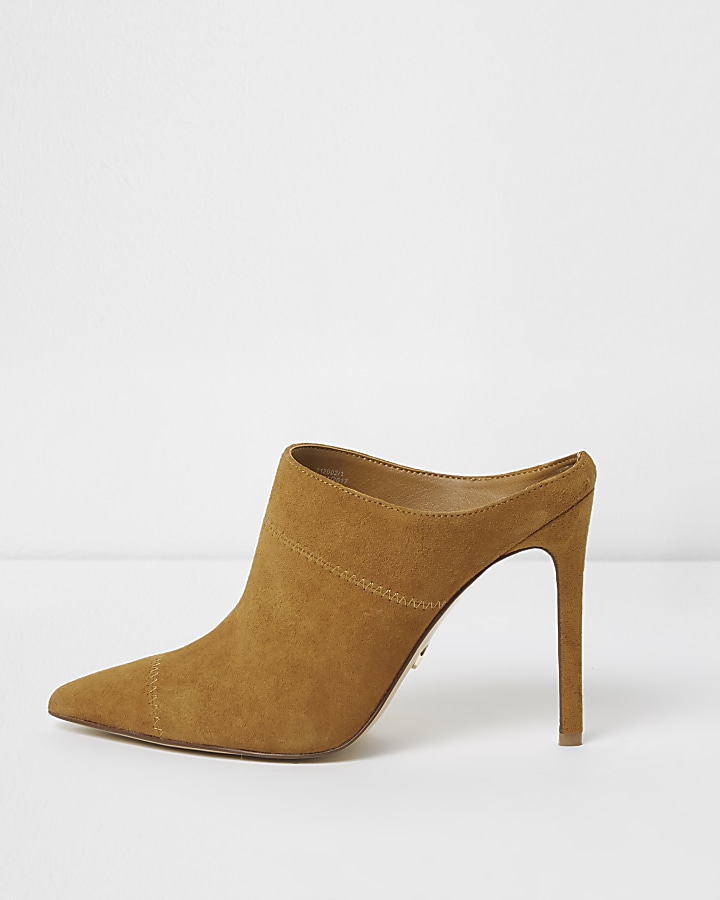 Tan pointed toe stiletto suede mules