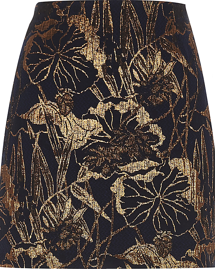 Navy floral metallic jacquard mini skirt