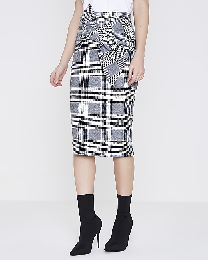 Black check bow front pencil skirt