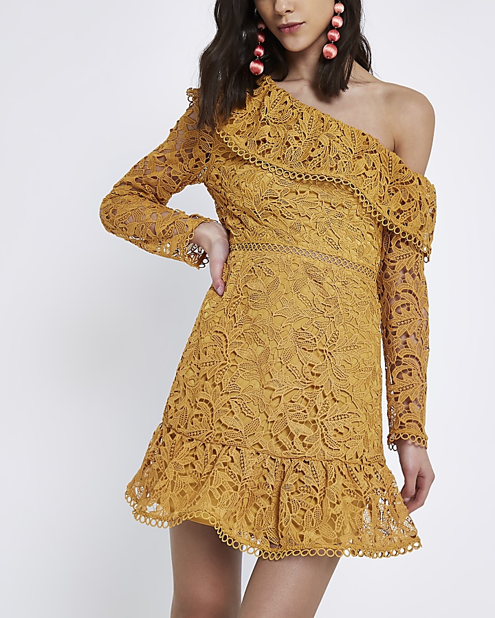 Mustard lace one shoulder frill dress