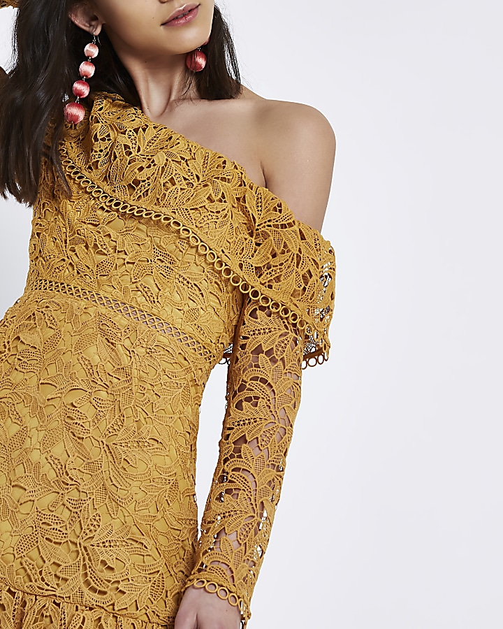 Mustard lace one shoulder frill dress