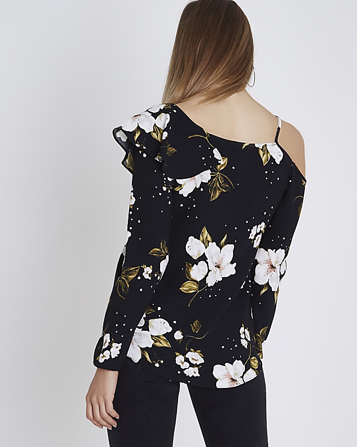 Black floral asymmetric cold shoulder top
