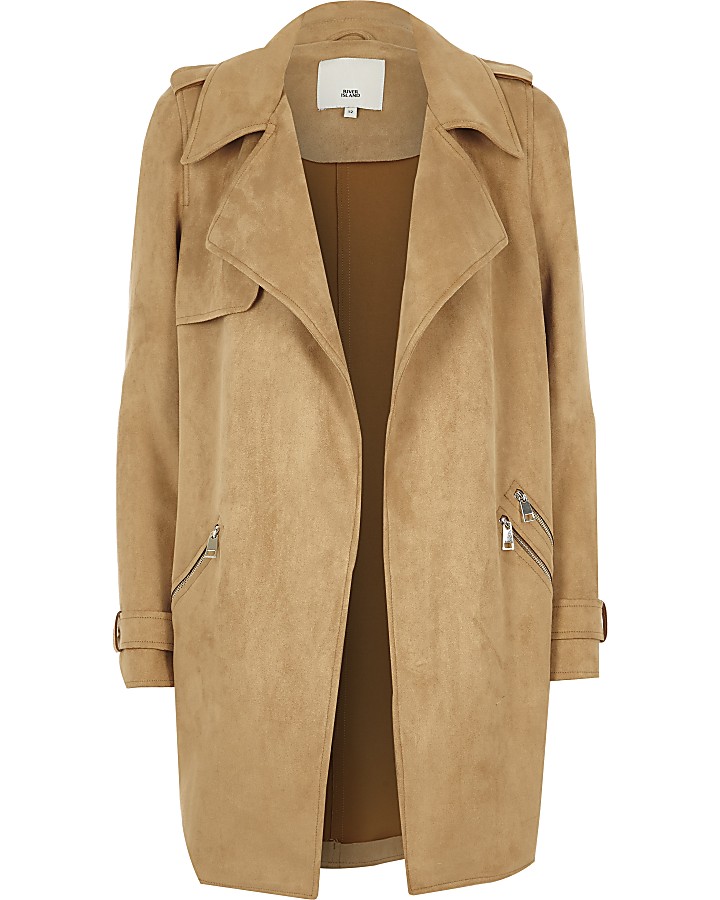 Camel faux suede trench coat