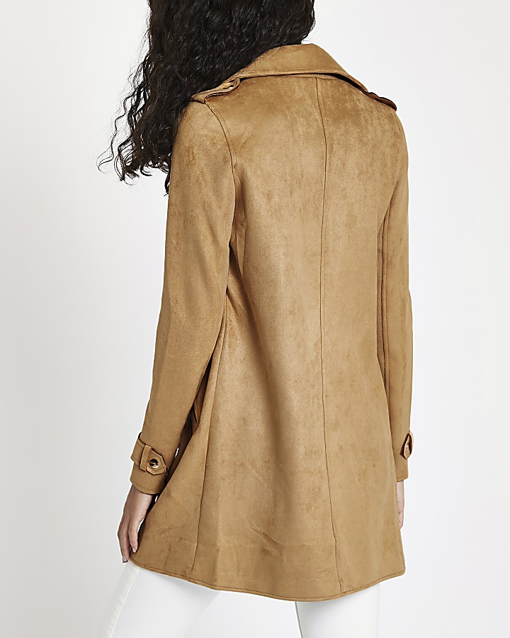 Camel faux suede trench coat