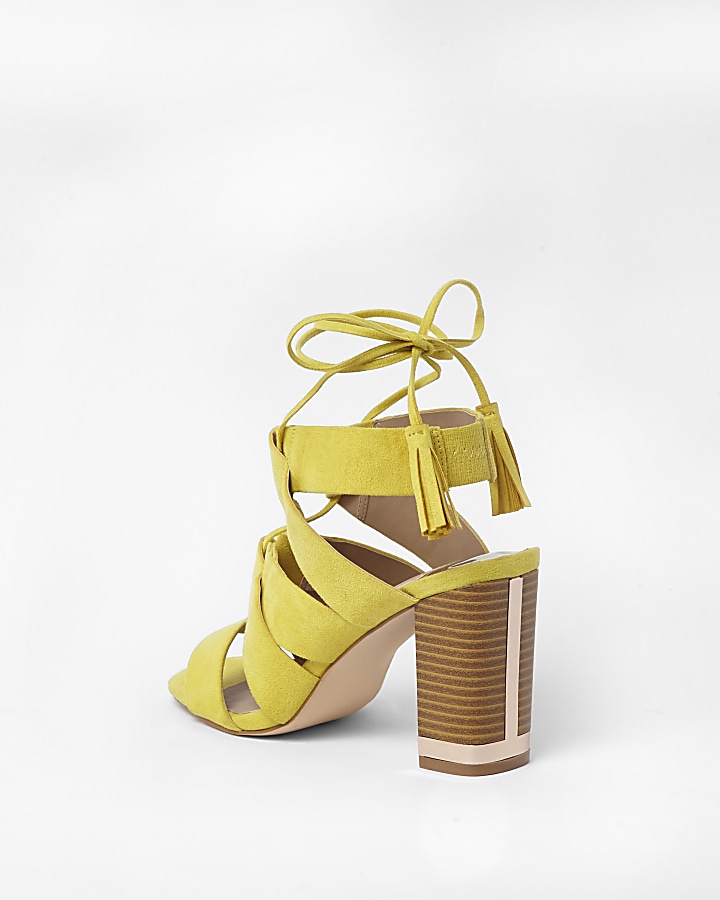 Yellow tie up block heel sandals
