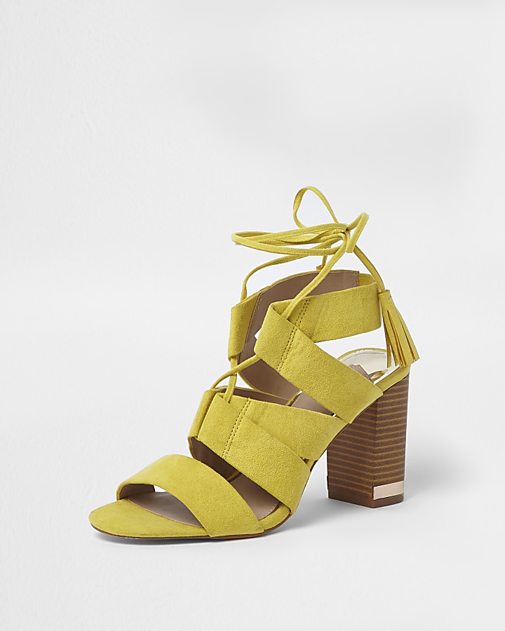 Yellow tie up block heel sandals