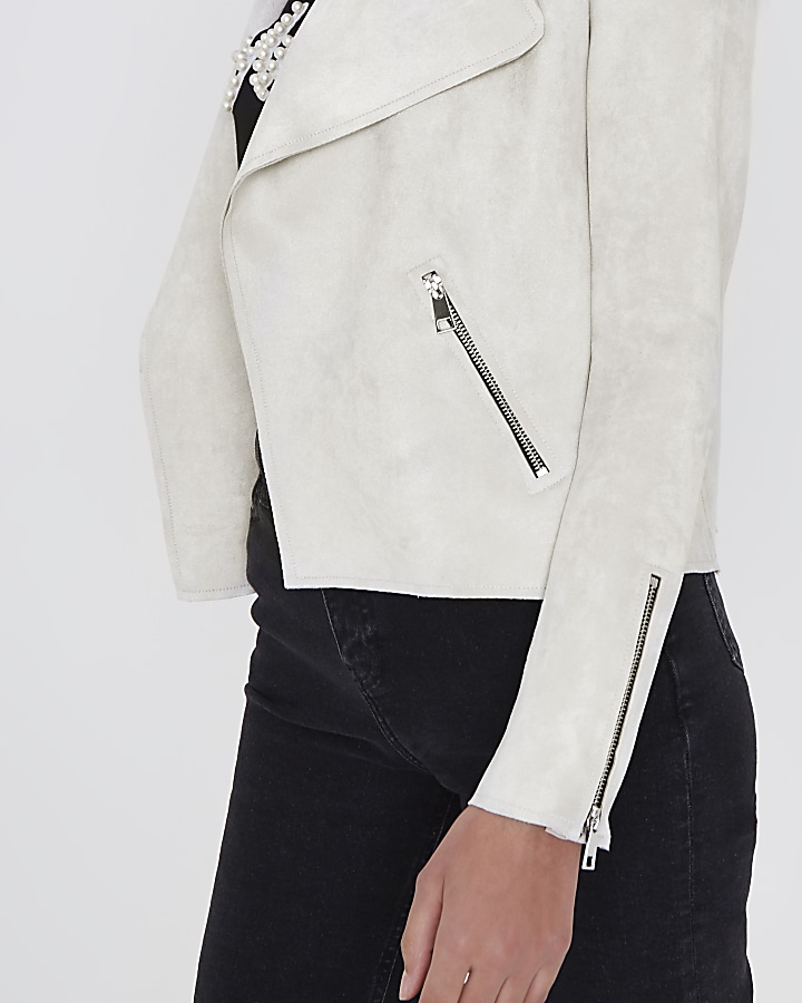 Cream faux suede cropped trench jacket