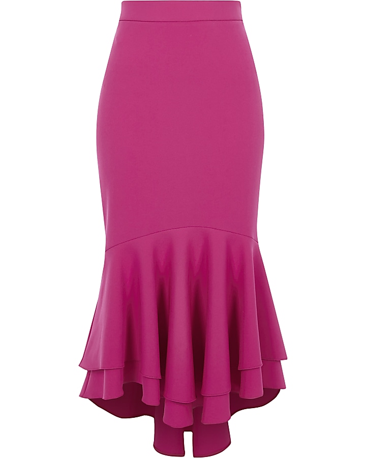 Pink tiered frill fishtail pencil skirt