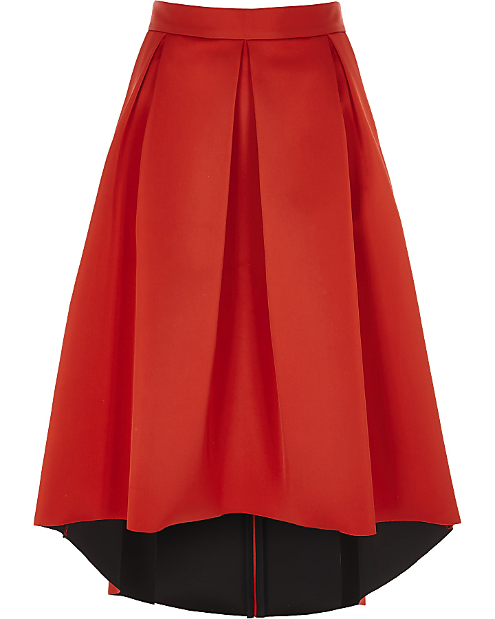 Red high low sateen midi skirt