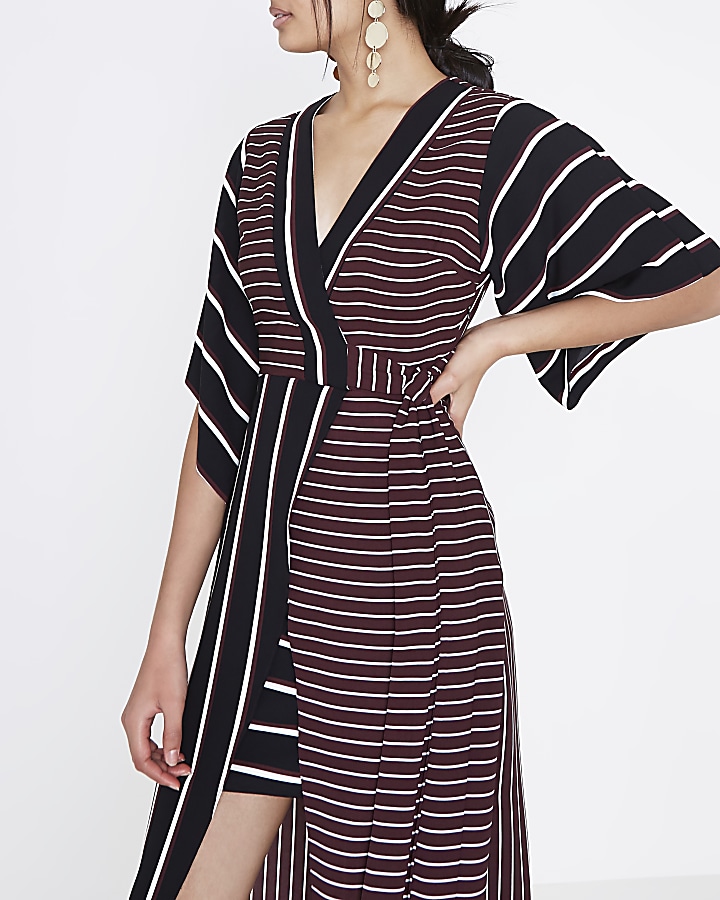 Red mixed stripe kimono sleeve midi dress