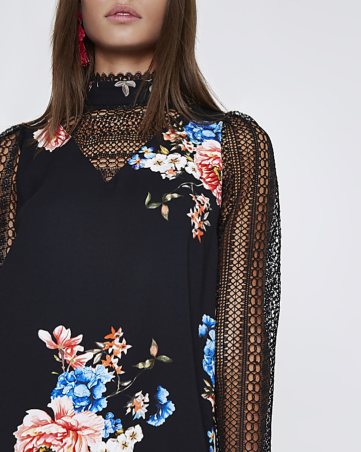 Black floral print lace insert swing dress