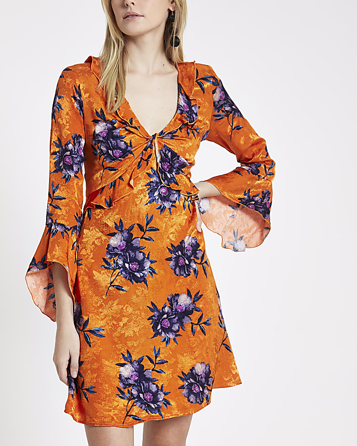 Orange floral jacquard frill tea dress