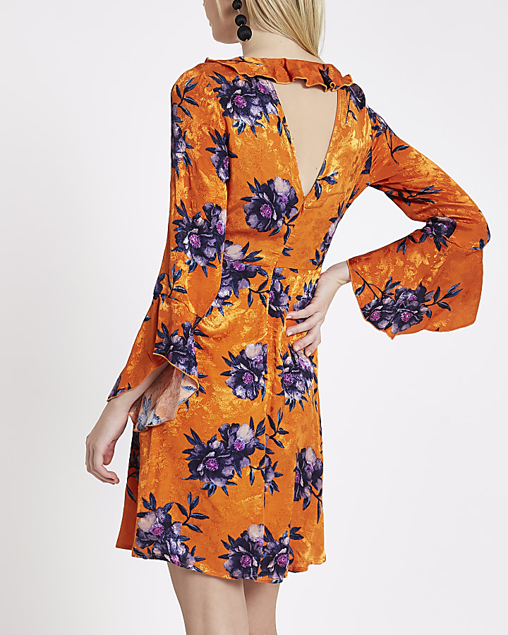 Orange floral jacquard frill tea dress
