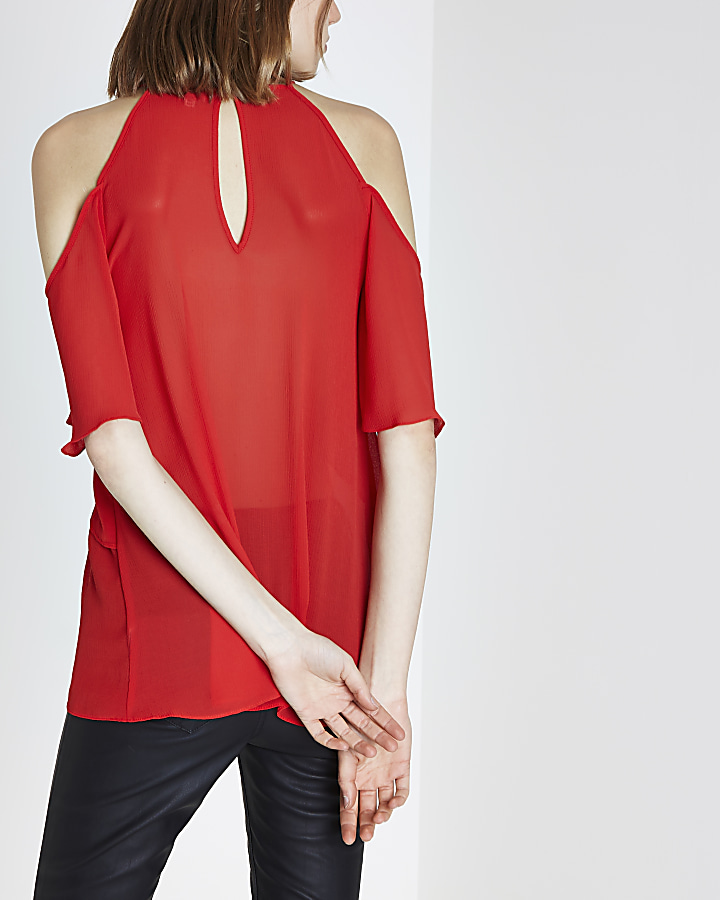 Red frill halter neck cold shoulder blouse