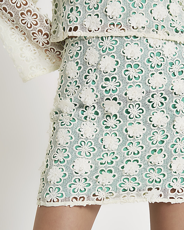 Green floral embellished lace mini skirt