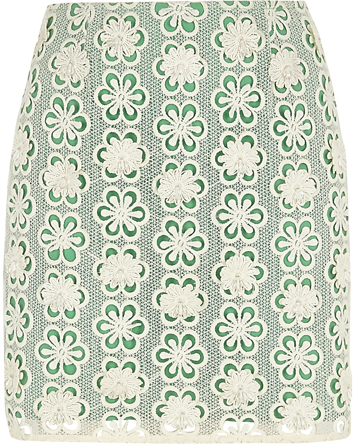 Green floral embellished lace mini skirt