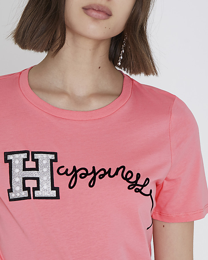 Pink 'happiness' print fitted T-shirt