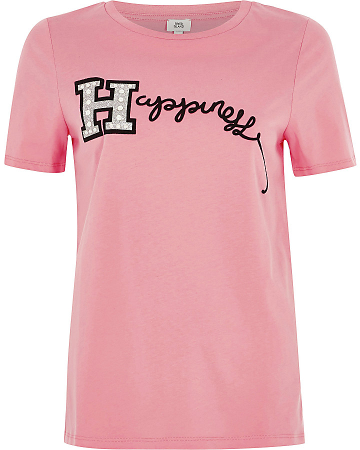 Pink 'happiness' print fitted T-shirt