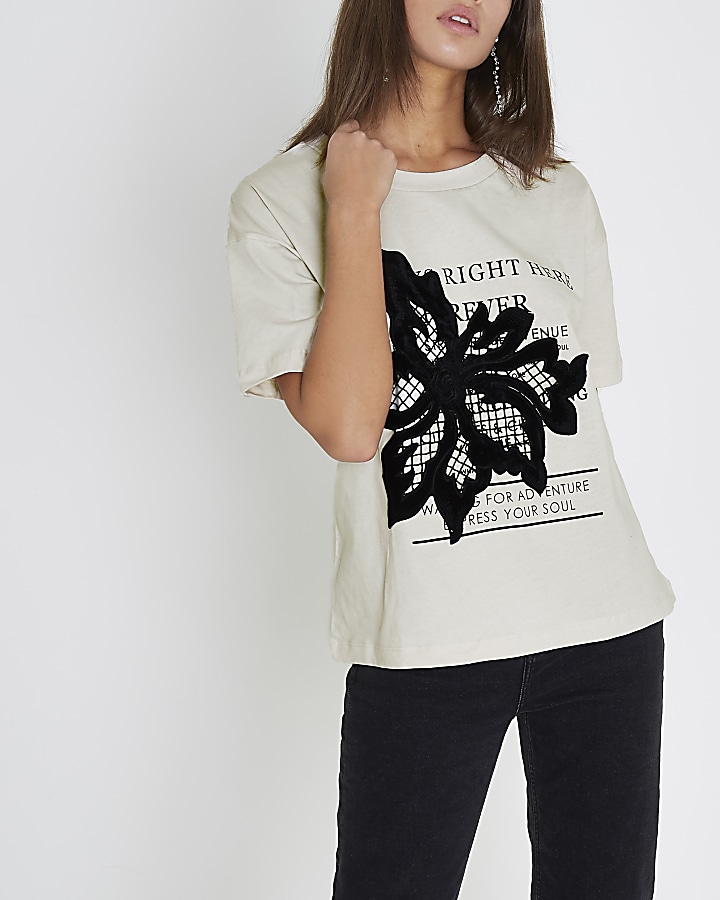 Cream printed floral applique boxy T-shirt
