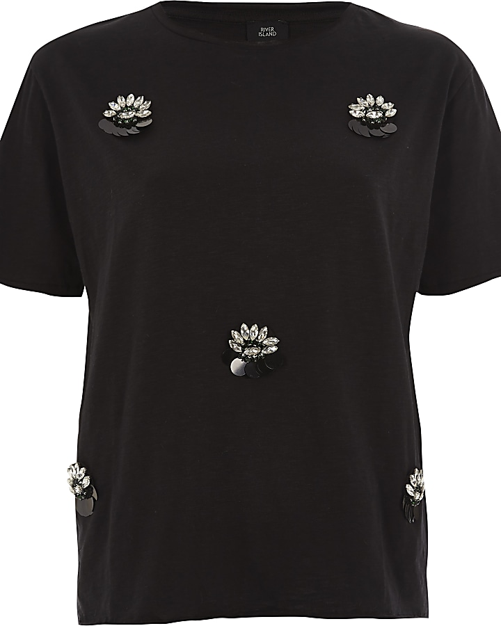 Black jewel embellished brooch T-shirt