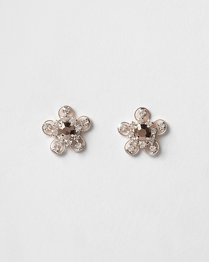 Rose gold tone flower diamante stud earrings