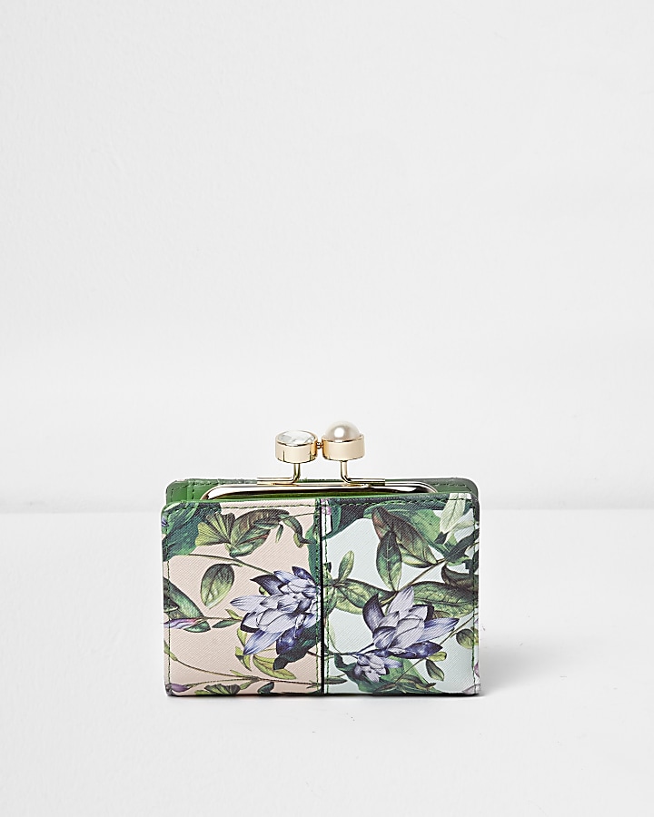Green floral print gem clip top purse