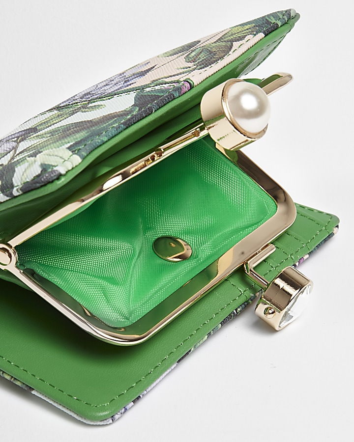 Green floral print gem clip top purse