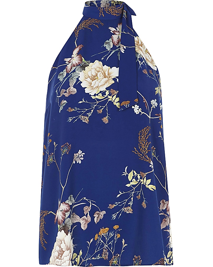 Blue floral tie halter neck cross back top