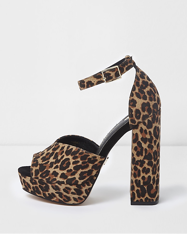 Brown leopard print peep toe platform sandals
