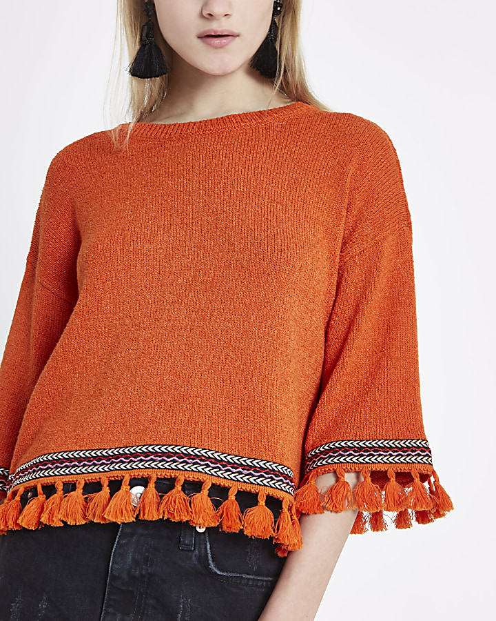 Orange aztec tassel trim wide sleeve jumper