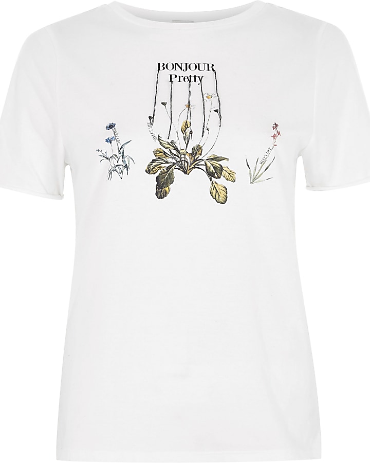 White 'bonjour pretty' floral print T-shirt