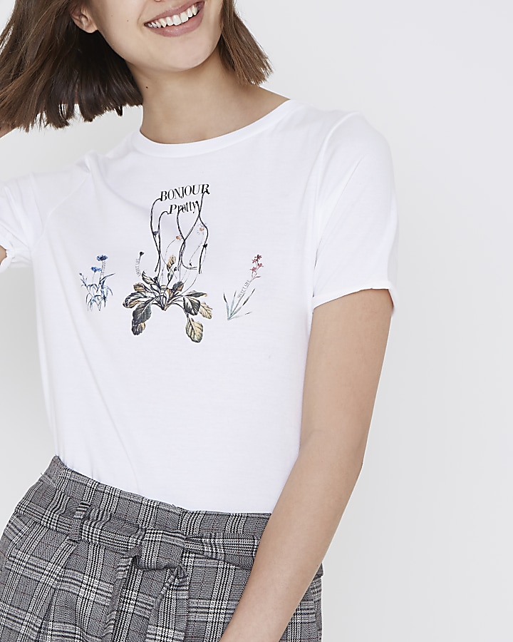 White 'bonjour pretty' floral print T-shirt