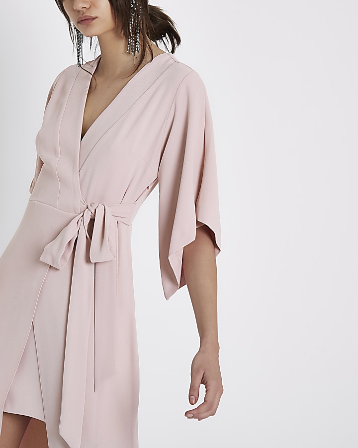 Light pink wrap front kimono midi dress