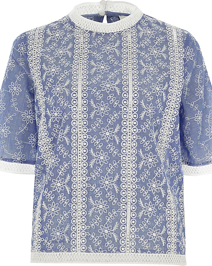 Blue floral embroidered lace trim top