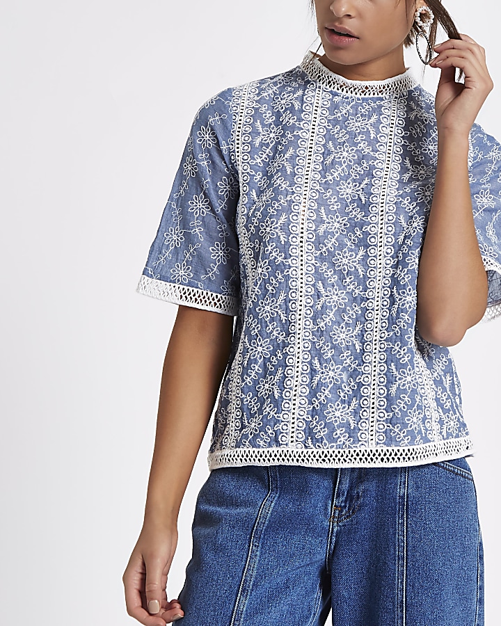 Blue floral embroidered lace trim top