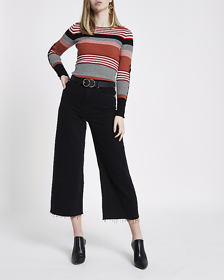 Brown stripe lace-up sleeve knitted top