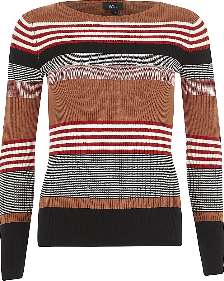 Brown stripe lace-up sleeve knitted top