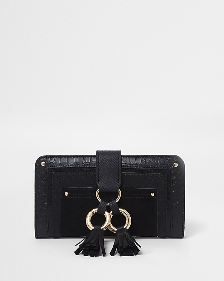 Black double hoop tassel tab folded purse