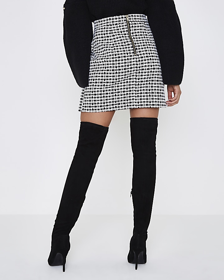 White and black check split front mini skirt