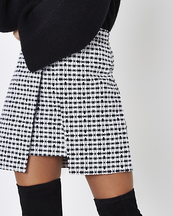White and black check split front mini skirt