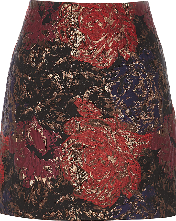 Red floral jacquard A line mini skirt